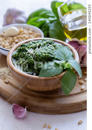Bowl of homemade pesto sauce. Bowl of homemade pesto sauce. 140848265