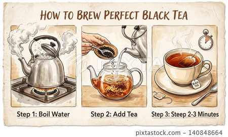 Instructional illustration showing how to brew perfect black tea in three simple steps with boiling water and steeping techniques on a vintage paper style 140848664