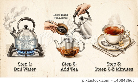Three step guide illustrating how to properly prepare and brew hot black tea with boiling water and loose leaves in a decorative hand drawn sketch style 140848665