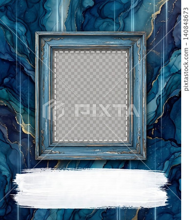 Distressed blue wooden frame mockup on elegant dark marble background with white paint stroke for creative design projects Distressed blue wooden frame mockup on elegant dark marble background with white paint stroke for creative design projects 140848673