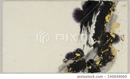 On the right side is a luxurious Japanese paper background with ink and gold powder boldly bleeding through. On the right side is a luxurious Japanese paper background with ink and gold powder boldly bleeding through. 140849069