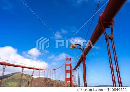 Golden Gate Bridge pedestrian walkway with red cables and blue sky Golden Gate Bridge pedestrian walkway with red cables and blue sky 140849221