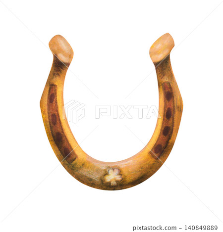 Vintage horseshoe illustration watercolor texture and a lucky clover symbol. Rustic metal shape with nail holes. Isolated graphic element for St. Patrick's Day, Irish folklore, or good luck designs. 140849889