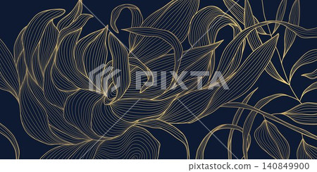 Elegant floral pattern golden line flowers, leaves, botanical branches, art deco Japanese design. Luxury vector illustration abstract organic, flowing wave elements, delicate ornament. Elegant floral pattern golden line flowers, leaves, botanical branches, art deco Japanese design. Luxury vector illustration abstract organic, flowing wave elements, delicate ornament. 140849900