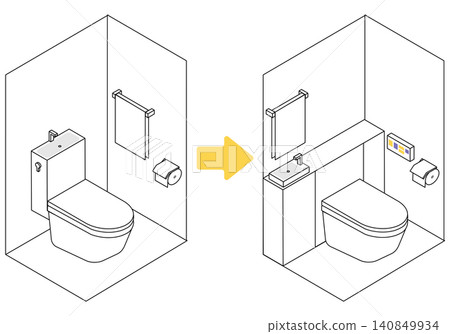 Before and after illustrations of toilet renovations to include isometric tankless or tank-integrated toilets. Before and after illustrations of toilet renovations to include isometric tankless or tank-integrated toilets. 140849934