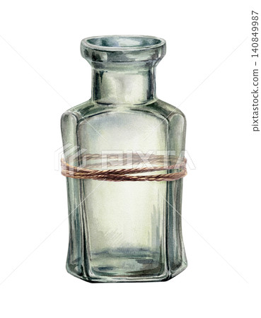 Apothecary glass bottle watercolor with jute twine. Vintage vessel for artisanal oil packaging, eco-friendly skincare branding, handmade remedy label design and rustic craft product graphics Apothecary glass bottle watercolor with jute twine. Vintage vessel for artisanal oil packaging, eco-friendly skincare branding, handmade remedy label design and rustic craft product graphics 140849987