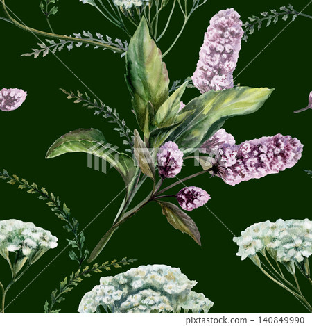 Mint and yarrow mix seamless pattern watercolor illustration on dark background. Herbs blend for premium men grooming packaging, organic cosmetics branding, luxury healing elixir bottle print 140849990