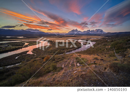 Sunset landscape river valley mountains patagonia scenic sky Sunset landscape river valley mountains patagonia scenic sky 140850193