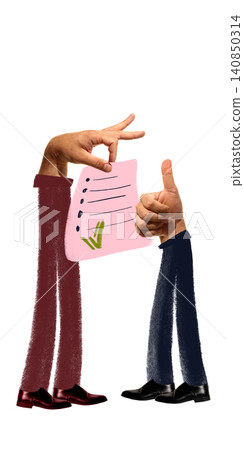 Business approval list with checkmark and hand giving thumbs up in hand drawn artwork. Business approval list with checkmark and hand giving thumbs up in hand drawn artwork. 140850314