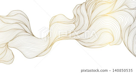 Elegant abstract pattern, golden line waves, botanical leaves, flowers, flowing organic shapes, Japanese, art deco style. Luxury vector illustration, ocean curves, tea, spa branding, packaging Elegant abstract pattern, golden line waves, botanical leaves, flowers, flowing organic shapes, Japanese, art deco style. Luxury vector illustration, ocean curves, tea, spa branding, packaging 140850535