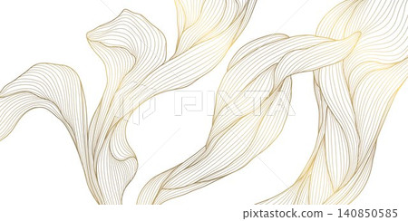 Elegant abstract pattern, golden line waves, botanical leaves, flowers, flowing organic shapes, Japanese, art deco style. Luxury vector illustration, ocean curves, tea, spa branding, packaging Elegant abstract pattern, golden line waves, botanical leaves, flowers, flowing organic shapes, Japanese, art deco style. Luxury vector illustration, ocean curves, tea, spa branding, packaging 140850585