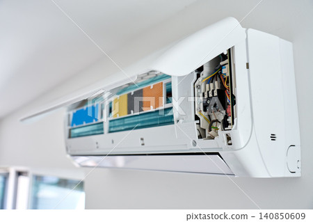 Open air conditioner for maintenance with filters and wiring Open air conditioner for maintenance with filters and wiring 140850609