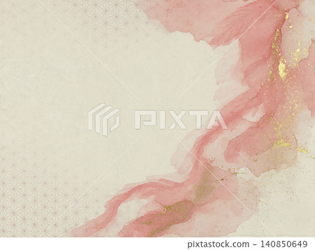 On the right is a background of hemp leaf pattern with coral pink watercolor and flowing gold flakes. On the right is a background of hemp leaf pattern with coral pink watercolor and flowing gold flakes. 140850649
