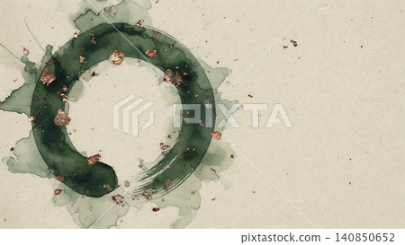 On the left side, a dark green watercolor and copper foil circle floats against a beige Japanese paper background. On the left side, a dark green watercolor and copper foil circle floats against a beige Japanese paper background. 140850652
