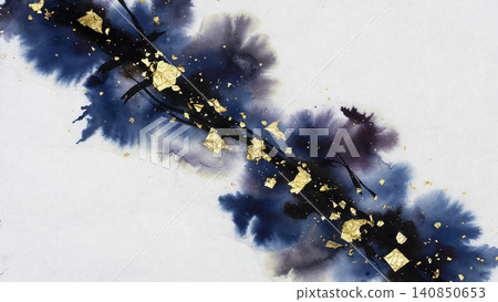 A dynamic Japanese-style background with indigo, ink, and gold leaf crossing diagonally. A dynamic Japanese-style background with indigo, ink, and gold leaf crossing diagonally. 140850653