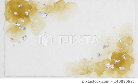 An elegant Japanese paper background with a gentle spread of golden yellow watercolor and silver leaf in the four corners. An elegant Japanese paper background with a gentle spread of golden yellow watercolor and silver leaf in the four corners. 140850655