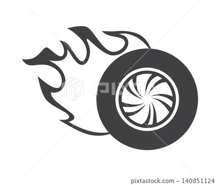 An energetic black and white graphic icon of a burning wheel with trailing flames, evoking feelings of high speed and power. Ideal for racing and automotive designs. Nobody present. An energetic black and white graphic icon of a burning wheel with trailing flames, evoking feelings of high speed and power. Ideal for racing and automotive designs. Nobody present. 140851124