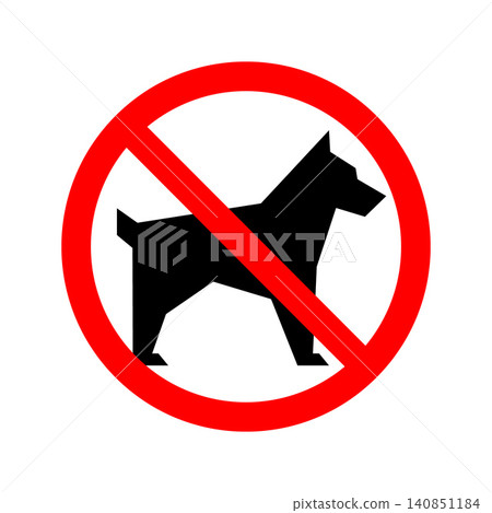 Clear no dogs allowed sign vector graphic with a bold black geometric dog silhouette inside a red prohibition circle. Ideal for public parks, petfree zones, stores, and shops. 140851184
