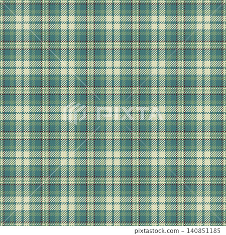 A traditional textile surface with tartan plaid checks and a tactile woven fabric finish. Teal and light tones create classic fabric heritage in a seamless design for wrapping papers. 140851185