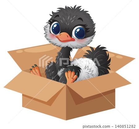 Cute Cartoon Baby Ostrich Sitting Inside an Open Cardboard Box Cute Cartoon Baby Ostrich Sitting Inside an Open Cardboard Box 140851282