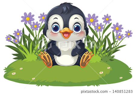 Cute Cartoon Penguin Sitting in a Field of Purple Flowers 140851283