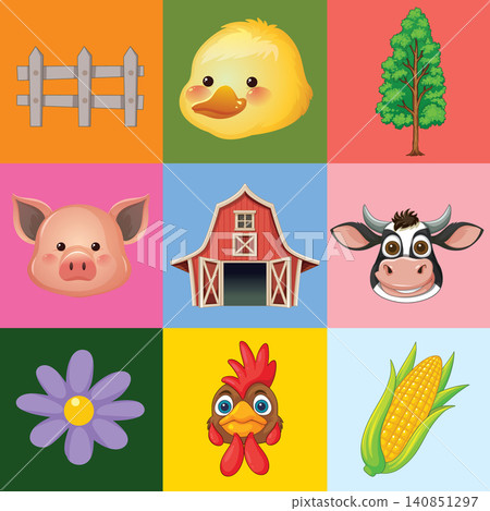 Colorful Grid of Cartoon Farm Animals and Rural Elements Colorful Grid of Cartoon Farm Animals and Rural Elements 140851297