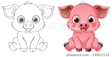 Cute Cartoon Piglet Illustration with Line Art and Colored Version Cute Cartoon Piglet Illustration with Line Art and Colored Version 140851315