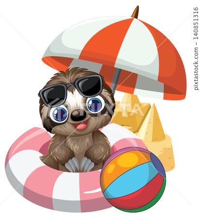 Cute Cartoon Sloth Relaxing with Beach Accessories and Sandcastle Cute Cartoon Sloth Relaxing with Beach Accessories and Sandcastle 140851316