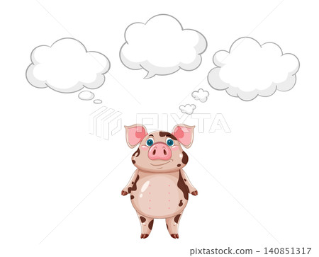 Cartoon Spotted Pig Thinking with Three Empty Speech Bubbles Cartoon Spotted Pig Thinking with Three Empty Speech Bubbles 140851317