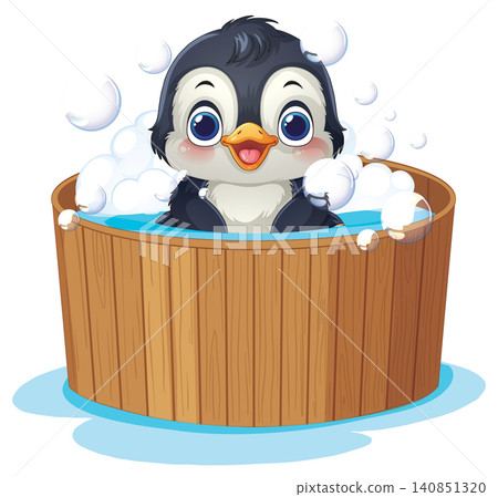 Cute Cartoon Penguin Taking a Bubble Bath in Wooden Tub Cute Cartoon Penguin Taking a Bubble Bath in Wooden Tub 140851320