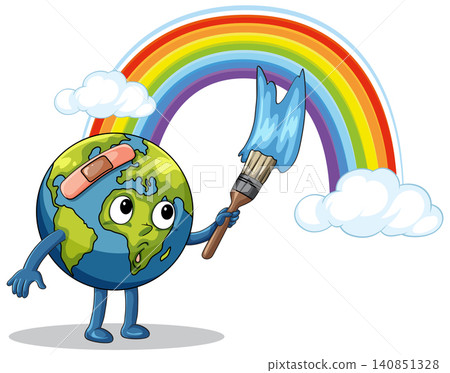 Injured Earth Character Painting Colorful Rainbow Sky Injured Earth Character Painting Colorful Rainbow Sky 140851328