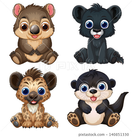 Set of Four Cute Cartoon Baby Animals Sitting on White Background Set of Four Cute Cartoon Baby Animals Sitting on White Background 140851330