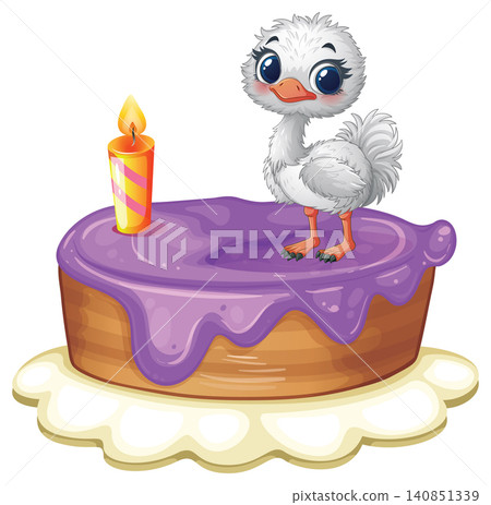 Cute Baby Ostrich Standing on a Purple Birthday Cake with Candle Cute Baby Ostrich Standing on a Purple Birthday Cake with Candle 140851339
