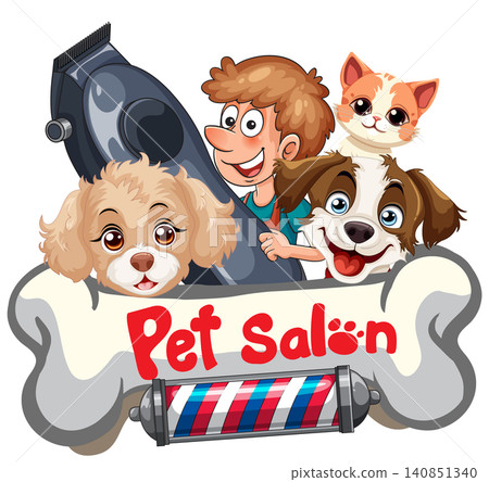Cartoon Pet Salon Logo with Groomer, Dogs, and Cat 140851340
