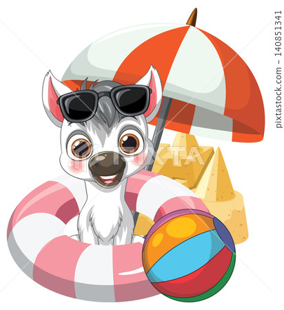 Cute Cartoon Donkey Character Enjoying Summer Beach Vacation with Inflatable Ring 140851341