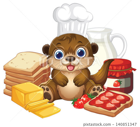 Cartoon Otter Chef with Bread Jam and Milk Breakfast Illustration Cartoon Otter Chef with Bread Jam and Milk Breakfast Illustration 140851347