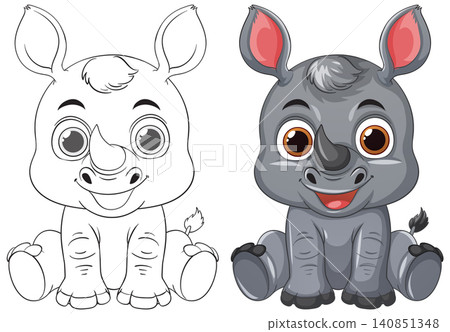 Cute Baby Rhinoceros Cartoon Illustration with Line Art Version Cute Baby Rhinoceros Cartoon Illustration with Line Art Version 140851348