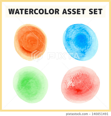 A set of pop and cute vector illustrations featuring four watercolor-style circular textures in orange, blue, green, and pink. 140851491