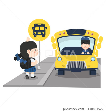 Happy School Girl Waving at Bus Driver Happy School Girl Waving at Bus Driver 140851522
