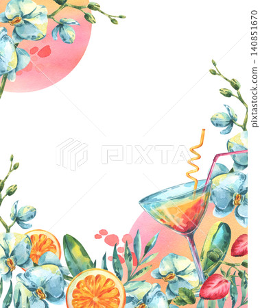 Watercolor frame with orchid flower, tropical cocktail and orange slice. Hand drawn summer illustration for greeting card invitation and holiday menu design. Exotic decoration background. Watercolor frame with orchid flower, tropical cocktail and orange slice. Hand drawn summer illustration for greeting card invitation and holiday menu design. Exotic decoration background. 140851670