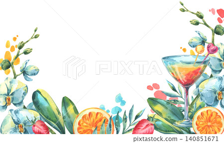 Watercolor illustration of tropical cocktail with orange and orchid flower. Hand drawn summer frame with exotic fruit and drink. Bright vacation background with copy space for text. Watercolor illustration of tropical cocktail with orange and orchid flower. Hand drawn summer frame with exotic fruit and drink. Bright vacation background with copy space for text. 140851671