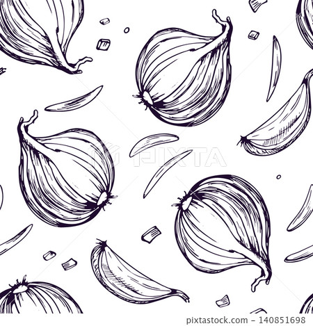 Seamless pattern with hand drawn onions. Ink sketch style illustration of sliced and whole onion bulbs. Culinary vegetable background for kitchen textile or menu design wallpaper print. Seamless pattern with hand drawn onions. Ink sketch style illustration of sliced and whole onion bulbs. Culinary vegetable background for kitchen textile or menu design wallpaper print. 140851698