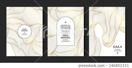 Premium abstract line gala invites, background with elegant golden lines, geometric waves, luxury organic style. Award ceremonies, VIP events, corporate branding, invitations, posters, banners. 140852331