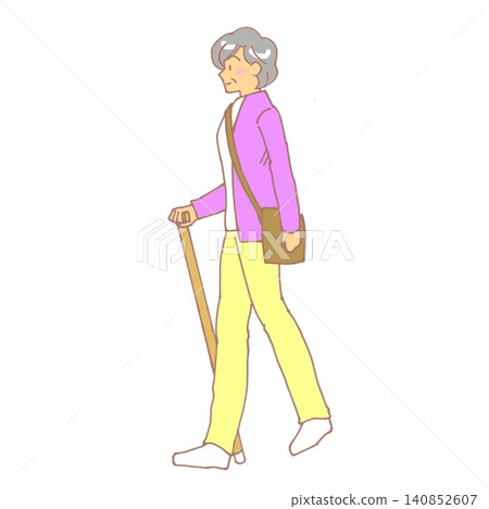 To the side of an elderly woman walking with a cane. To the side of an elderly woman walking with a cane. 140852607