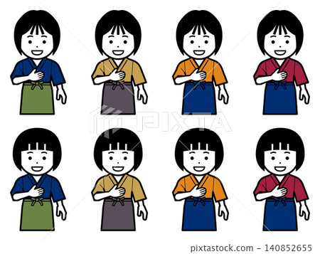 一位身穿日本傳統工作服（samue）和圍裙，手放在胸前的女性圖標。 140852655