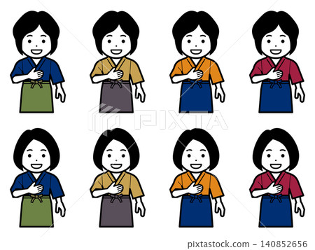 [Different hairstyle] Icon of a woman in a samue (traditional Japanese work clothing) and apron with her hand on her chest. 140852656