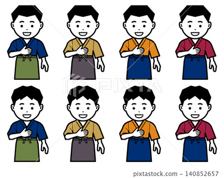 An icon of a man in a samue (traditional Japanese work clothing) and apron with his hand on his chest. An icon of a man in a samue (traditional Japanese work clothing) and apron with his hand on his chest. 140852657