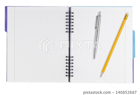 Open portrait spiral organizer notebook with checkered graph pages dividers pen and pencil isolated on white background Open portrait spiral organizer notebook with checkered graph pages dividers pen and pencil isolated on white background 140852687