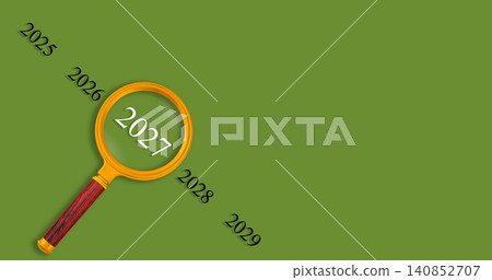 Vision 2027 concept with magnifying glass on Green background, looking into the future Vision 2027 concept with magnifying glass on Green background, looking into the future 140852707