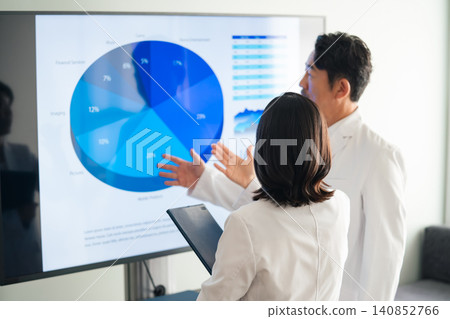 一群身穿白大褂的男女正一邊看著螢幕一邊交談。討論的議題包括科學、研究、發展、圖表、分析、數據、諮詢和統計。 140852766